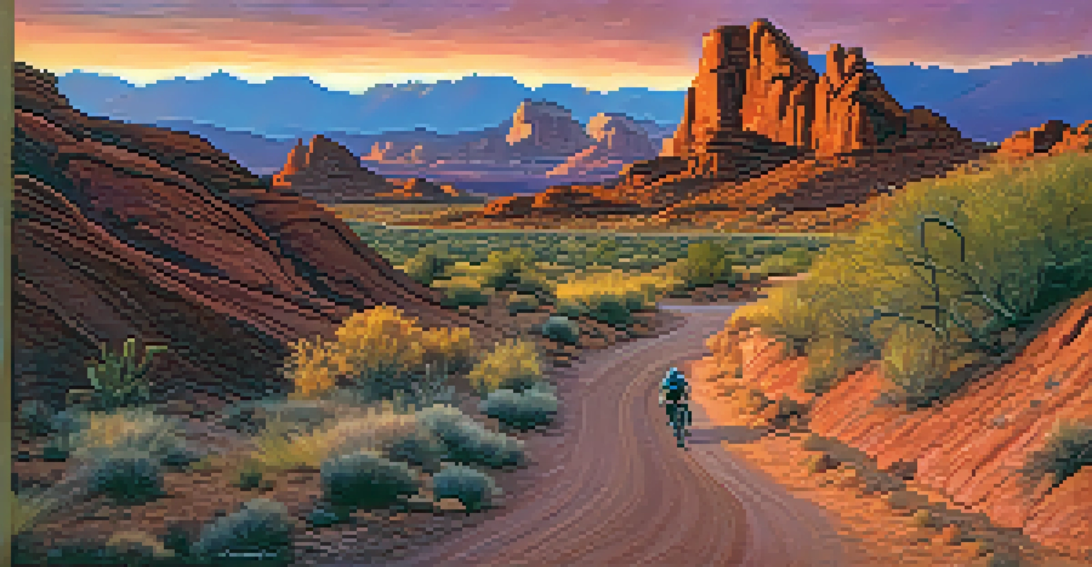 A cyclist riding along a dirt trail in Red Rock Canyon during sunset, with red rock formations silhouetted against a colorful sky.