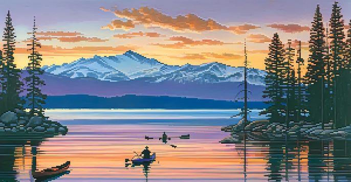 A scenic sunset view of Lake Tahoe with colorful reflections on the water, surrounded by pine trees and mountains.
