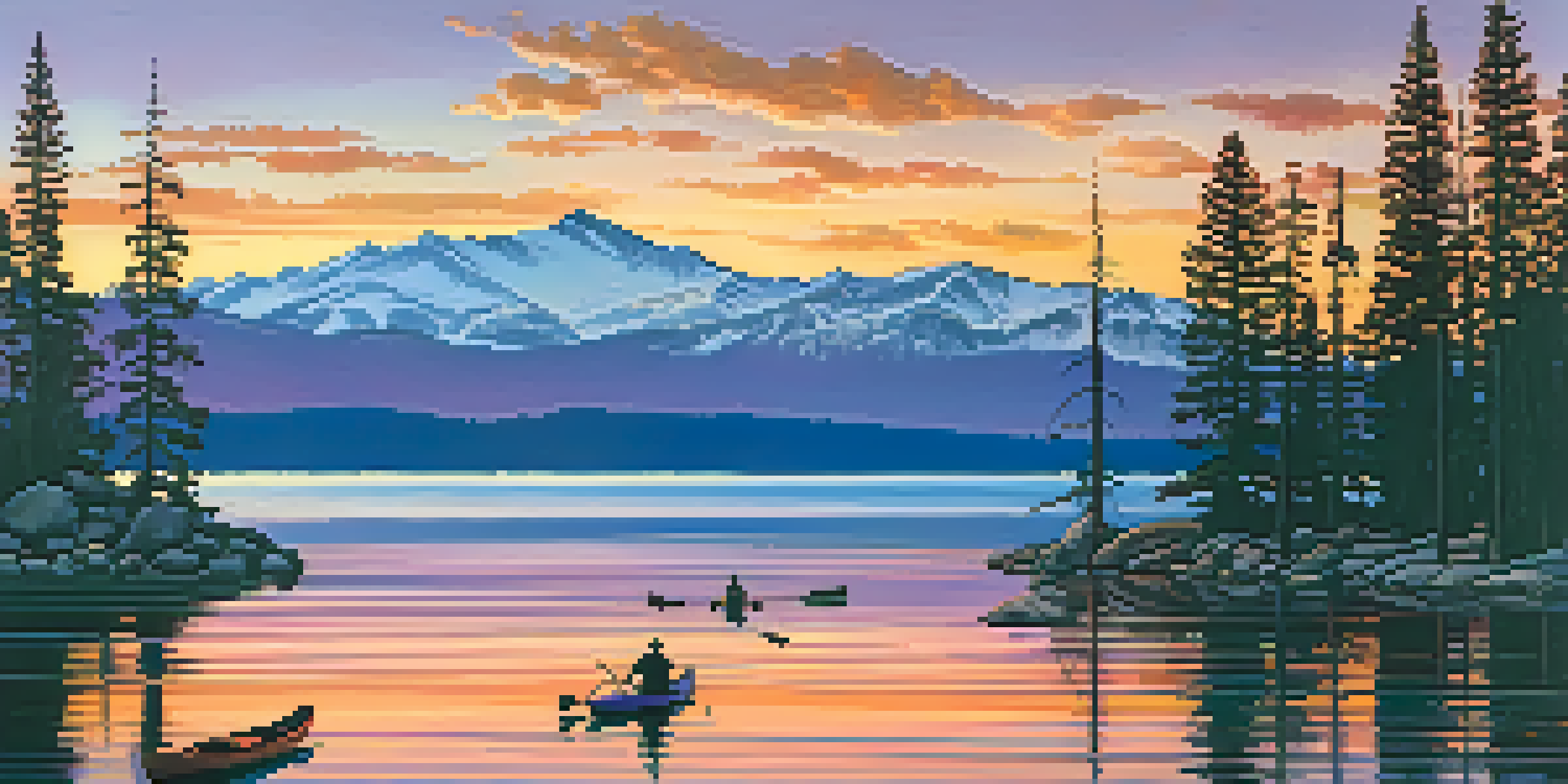 A scenic sunset view of Lake Tahoe with colorful reflections on the water, surrounded by pine trees and mountains.