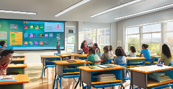 A lively classroom with students of various backgrounds using tablets and interactive boards, surrounded by educational materials and bright lighting.