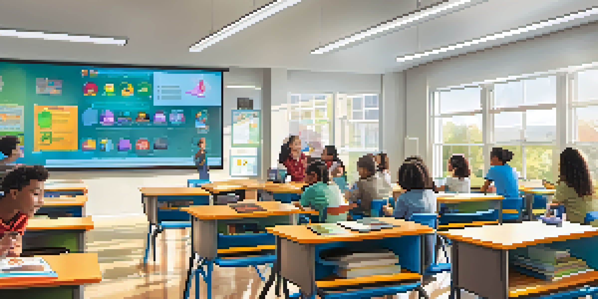A lively classroom with students of various backgrounds using tablets and interactive boards, surrounded by educational materials and bright lighting.