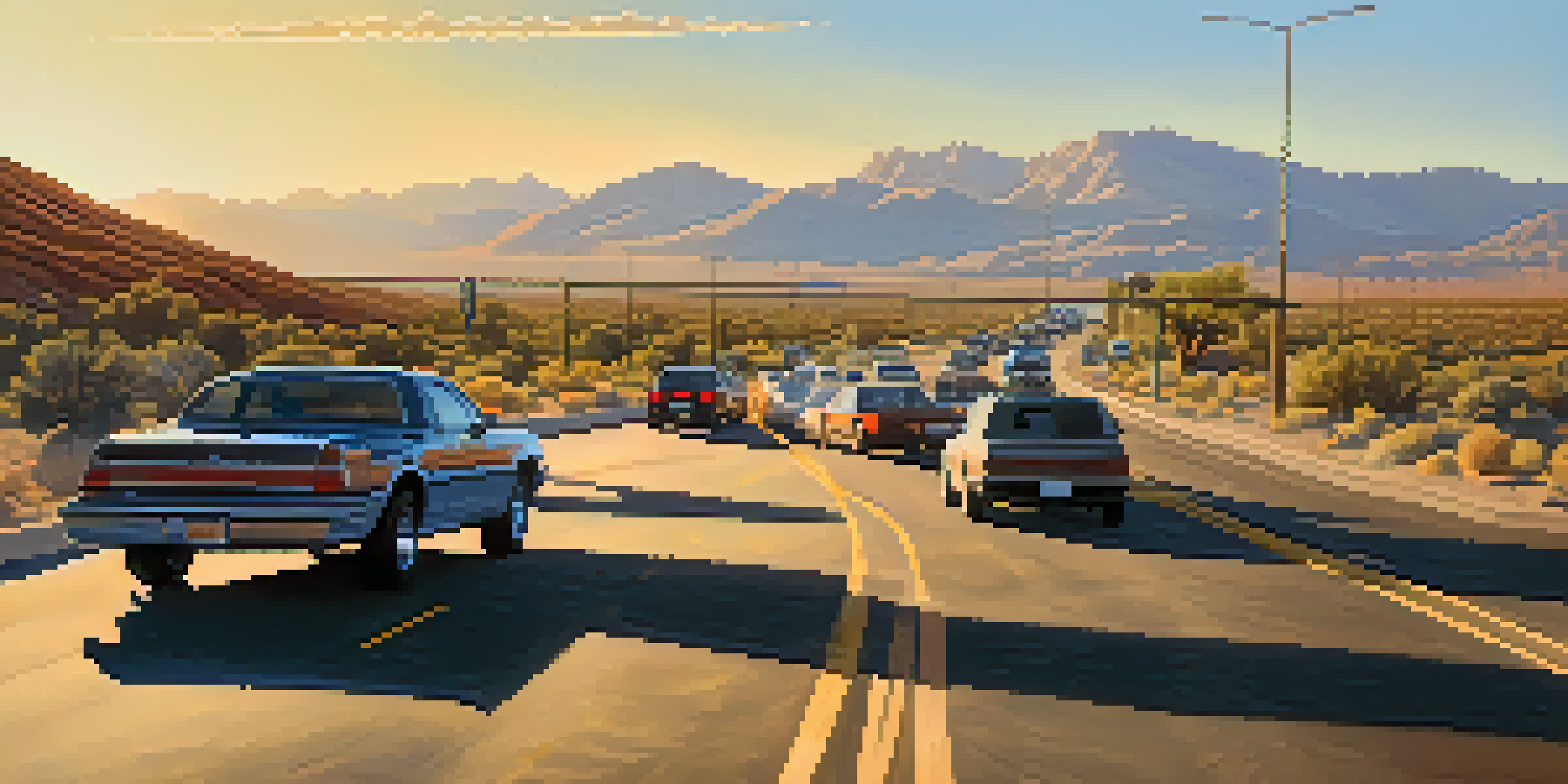 A busy Nevada highway with improved road infrastructure under golden hour lighting, showcasing vehicles and desert mountains.