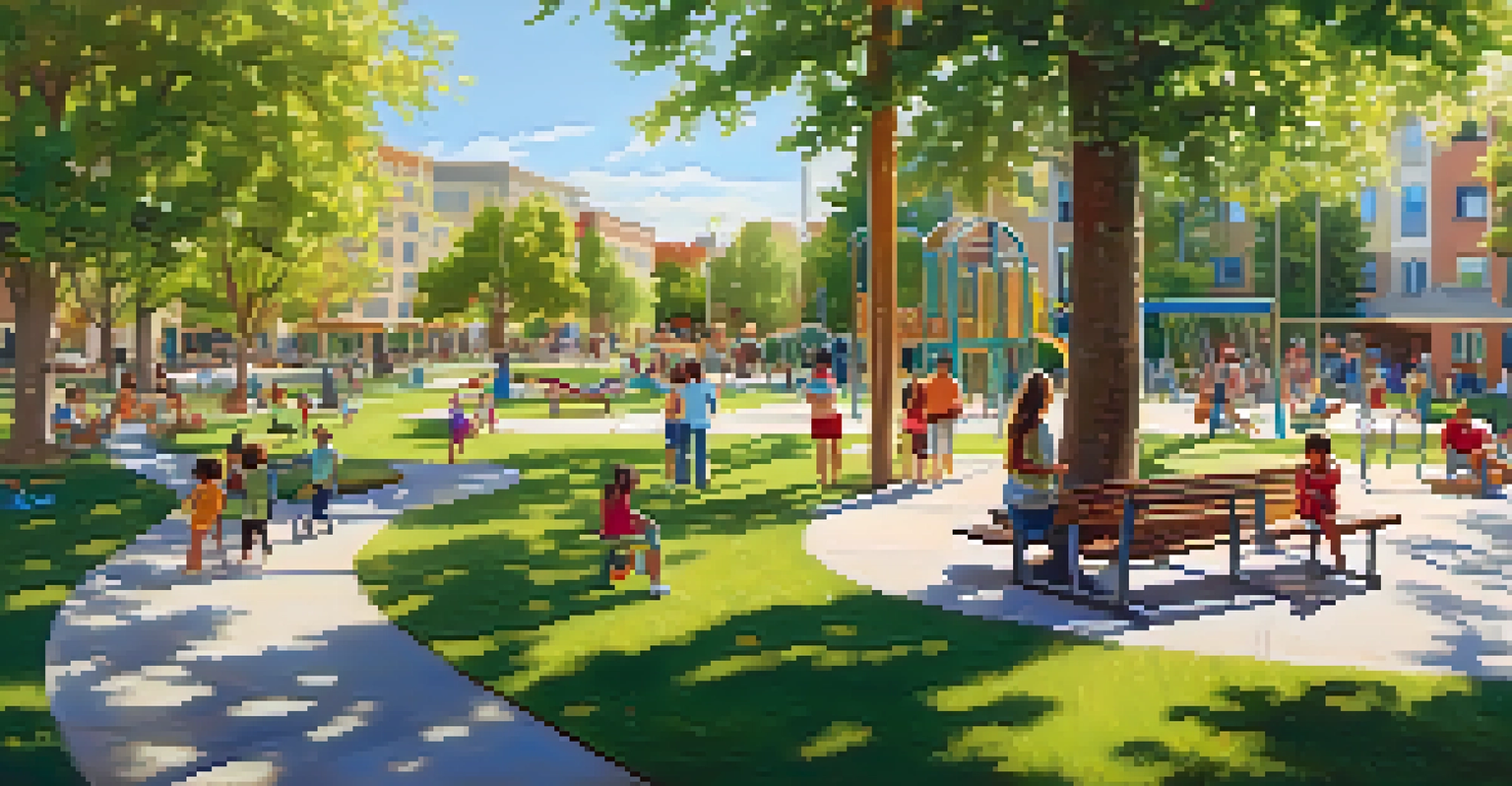 A lively community park in Nevada filled with families and children playing in sunlight, surrounded by green trees.