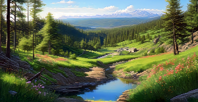 A peaceful mining landscape with greenery and a sustainable mining operation in the background, under a clear blue sky.