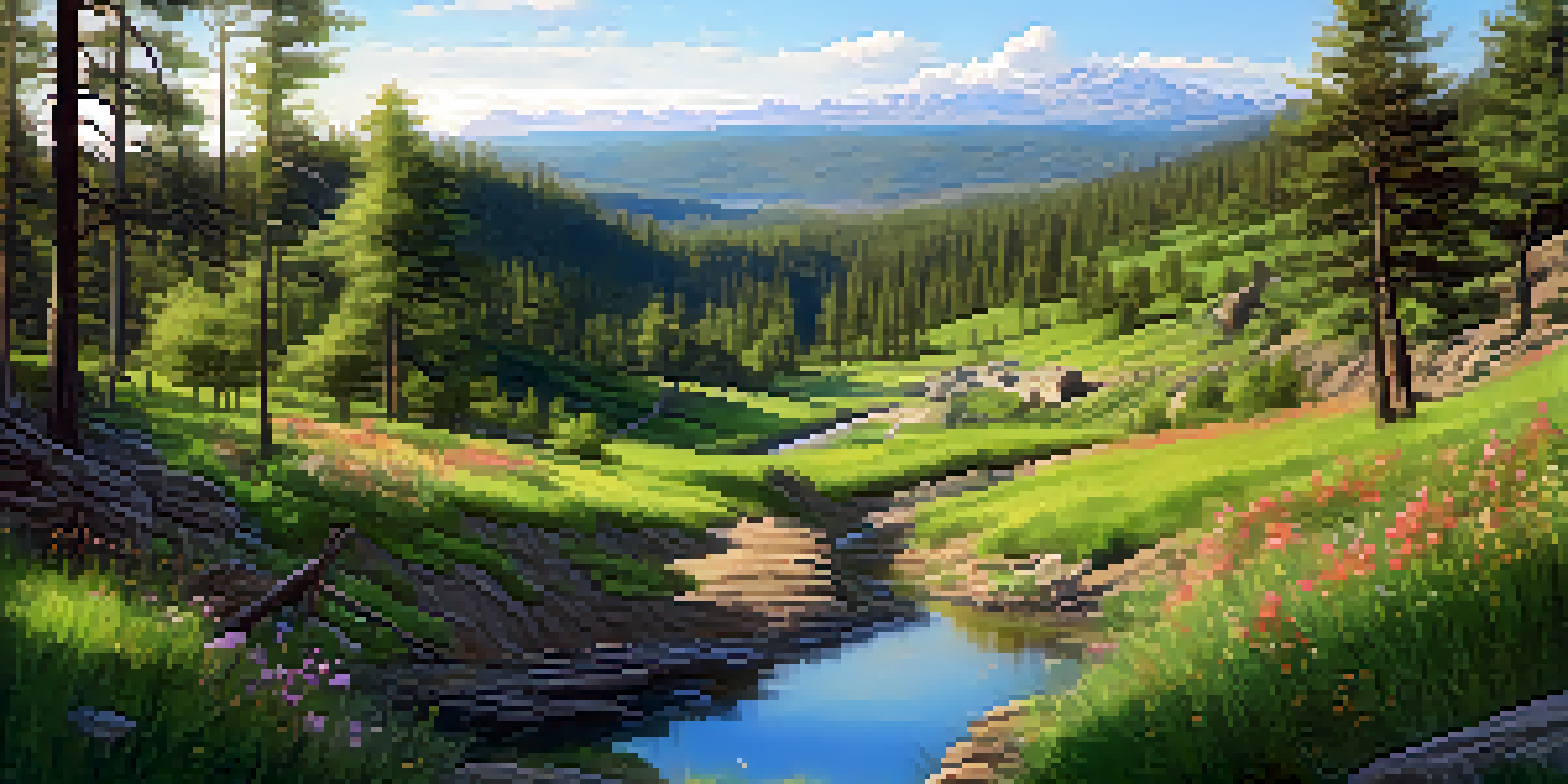 A peaceful mining landscape with greenery and a sustainable mining operation in the background, under a clear blue sky.