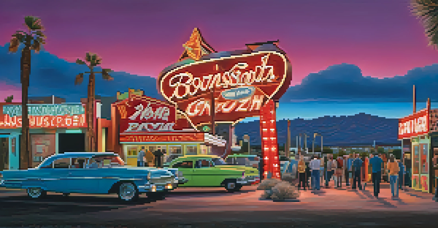 The Neon Museum in Las Vegas at twilight, featuring illuminated neon signs and visitors exploring the outdoor area.