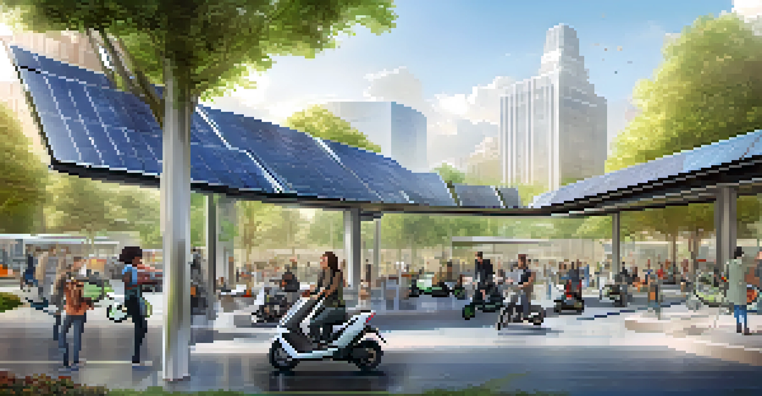 A modern transportation hub featuring electric vehicle charging stations, with people using e-scooters and bikes in a green landscape.