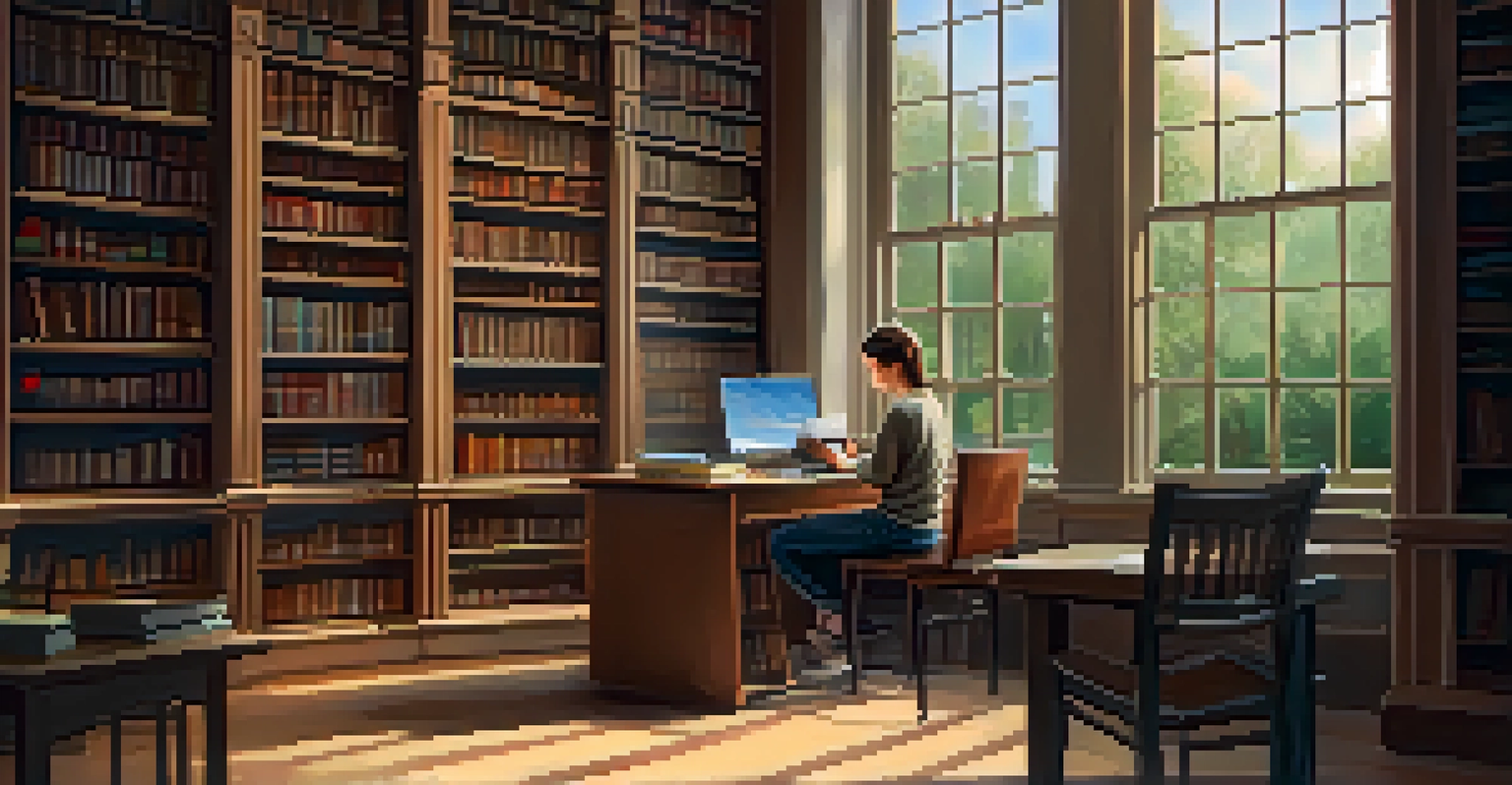 A peaceful library scene showing a student working on a laptop surrounded by books, with warm lighting and a view of nature.