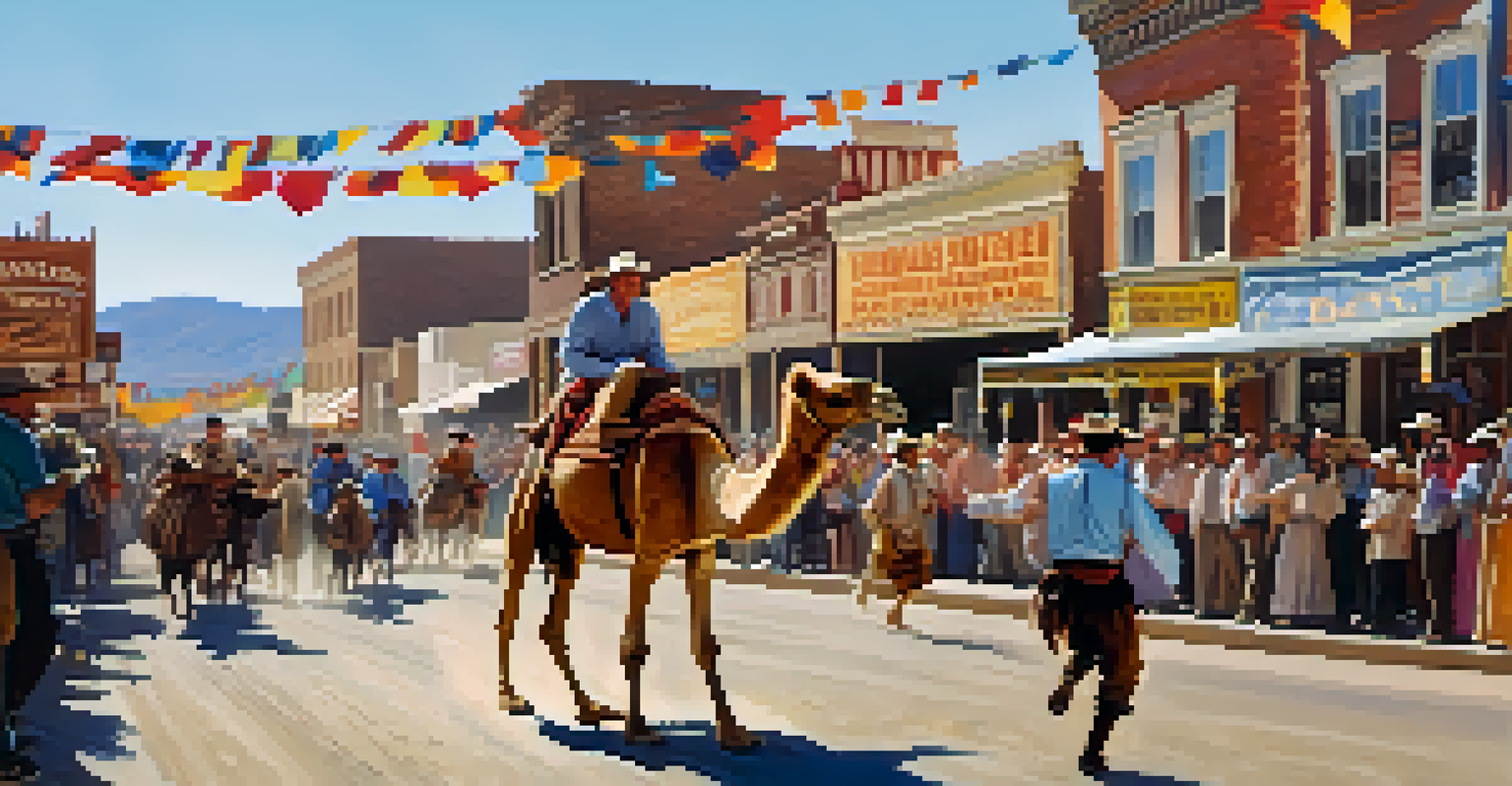 A lively street scene during the Virginia City International Camel Races, featuring a camel and rider racing with spectators cheering.