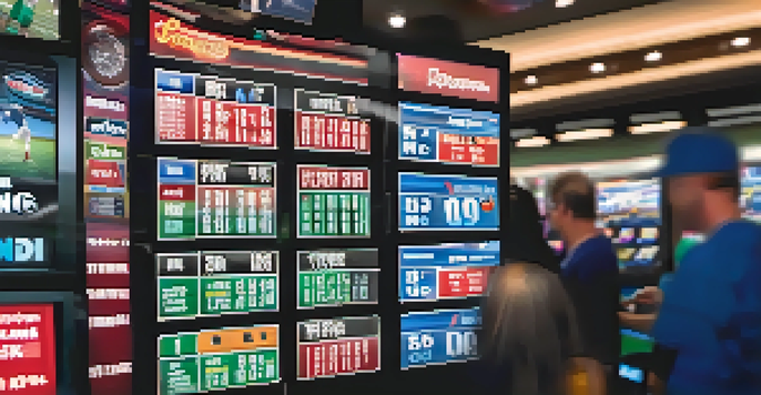 A close-up of a hand using a sports betting kiosk with digital game odds displayed.