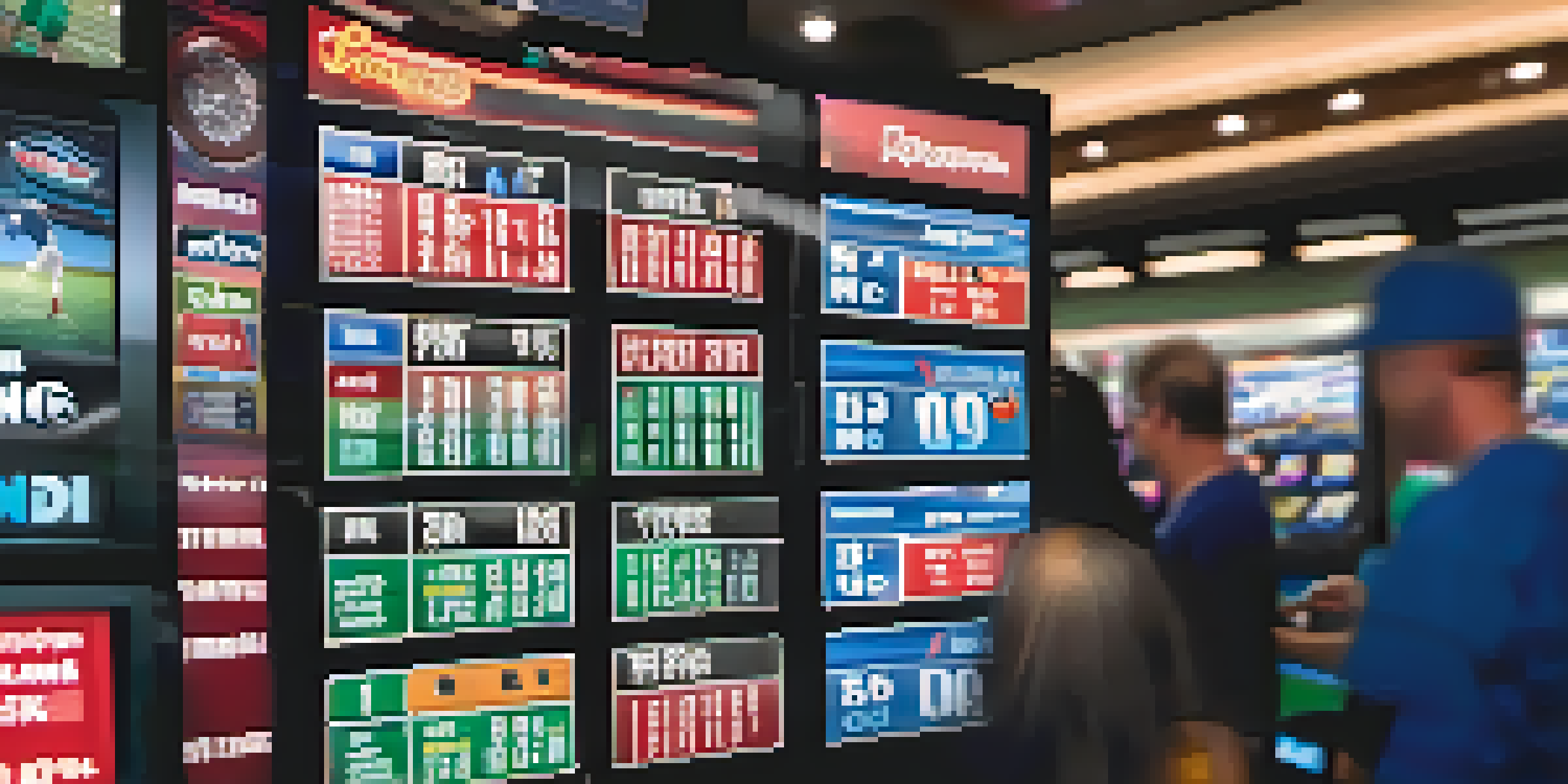 A close-up of a hand using a sports betting kiosk with digital game odds displayed.