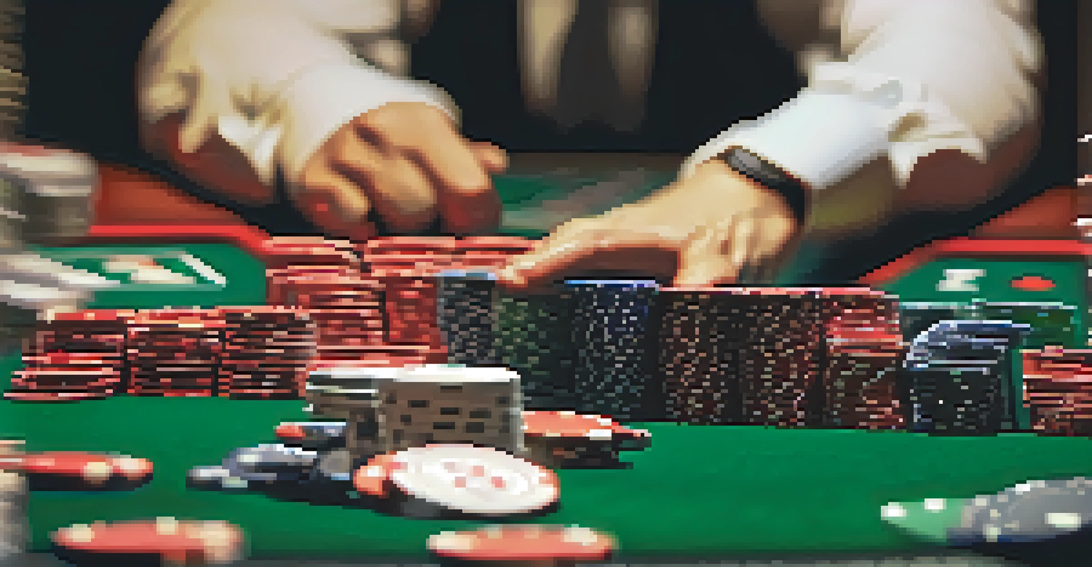 A close-up of a poker table with cards and chips, capturing players' hands in the background.