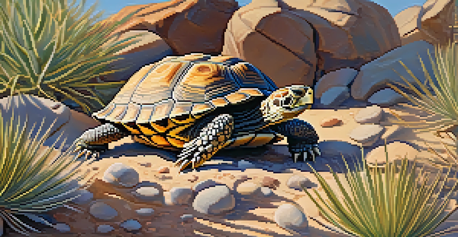 A close-up of a desert tortoise among rocks and desert plants, illuminated by sunlight.