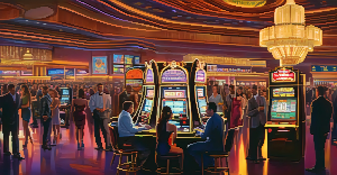 A busy casino floor in Las Vegas with people playing games, bright lights, and a chandelier overhead.