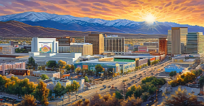 A panoramic view of Reno's downtown area with colorful murals and sculptures, illuminated by sunset light against the Sierra Nevada mountains.
