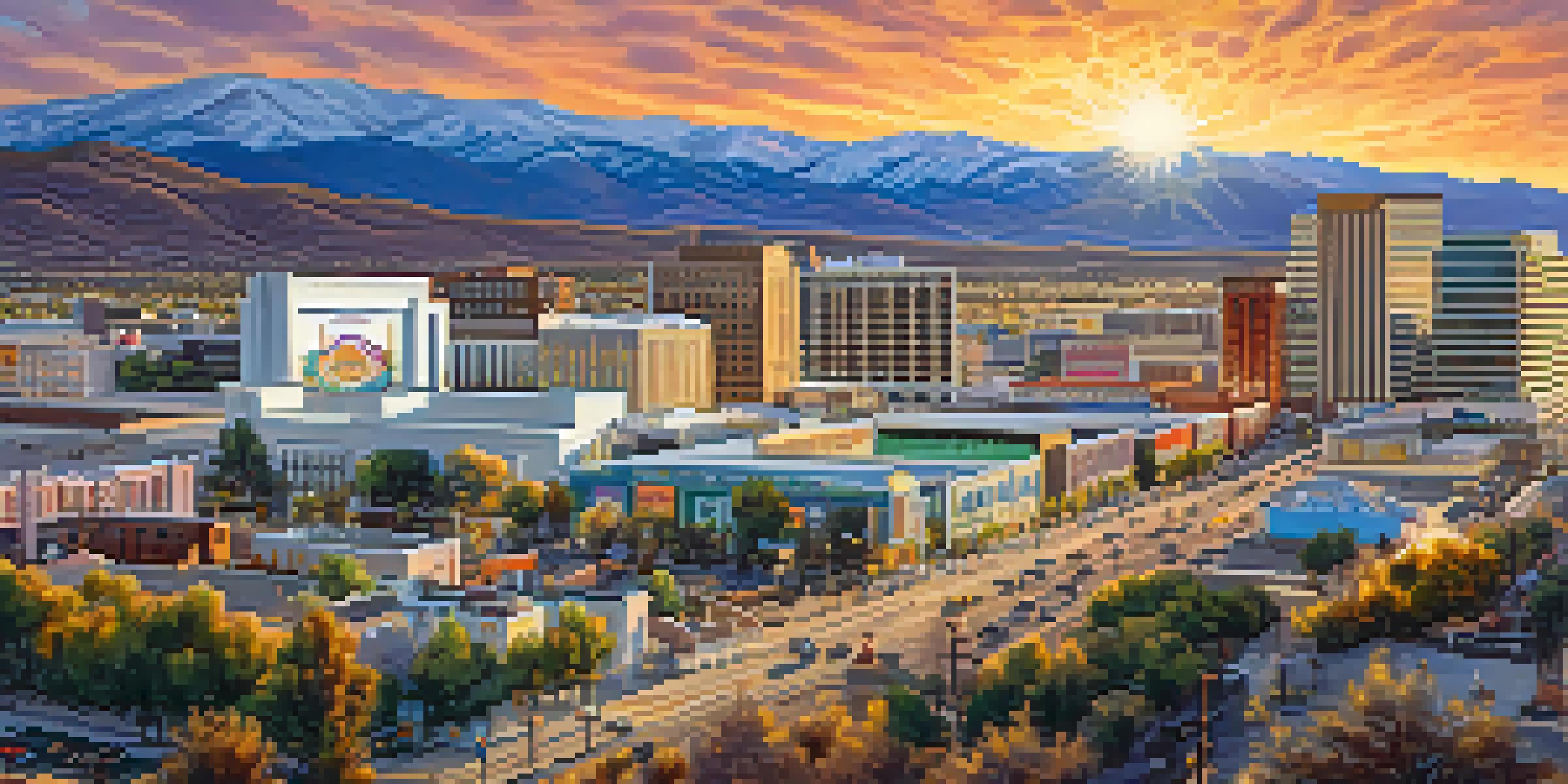 A panoramic view of Reno's downtown area with colorful murals and sculptures, illuminated by sunset light against the Sierra Nevada mountains.