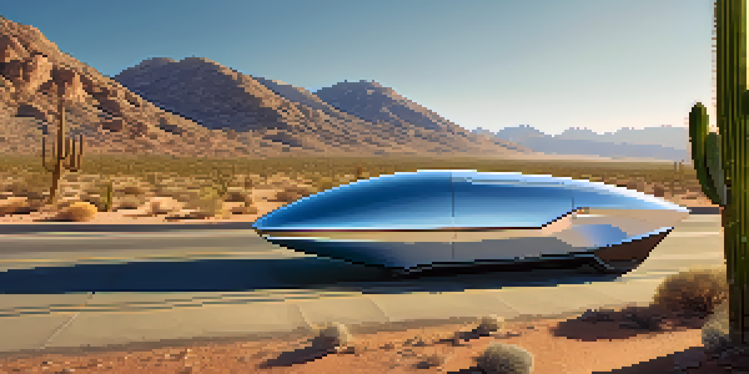 A futuristic autonomous vehicle driving on a desert road surrounded by mountains and cacti, illuminated by golden sunlight.