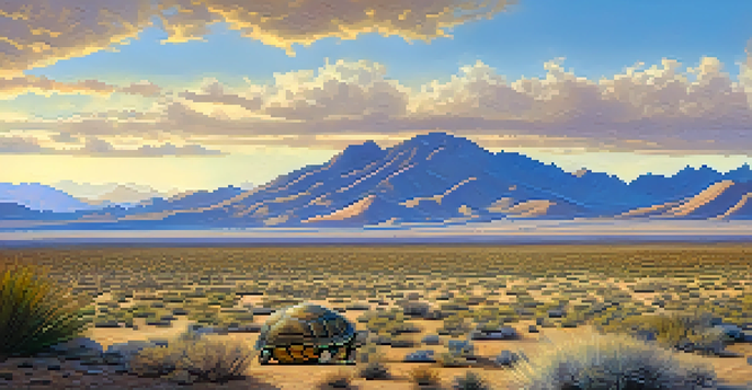 A wide view showcasing the diverse landscapes of Nevada, including the Mojave Desert and wetlands, with a desert tortoise in the foreground and mountains in the background.