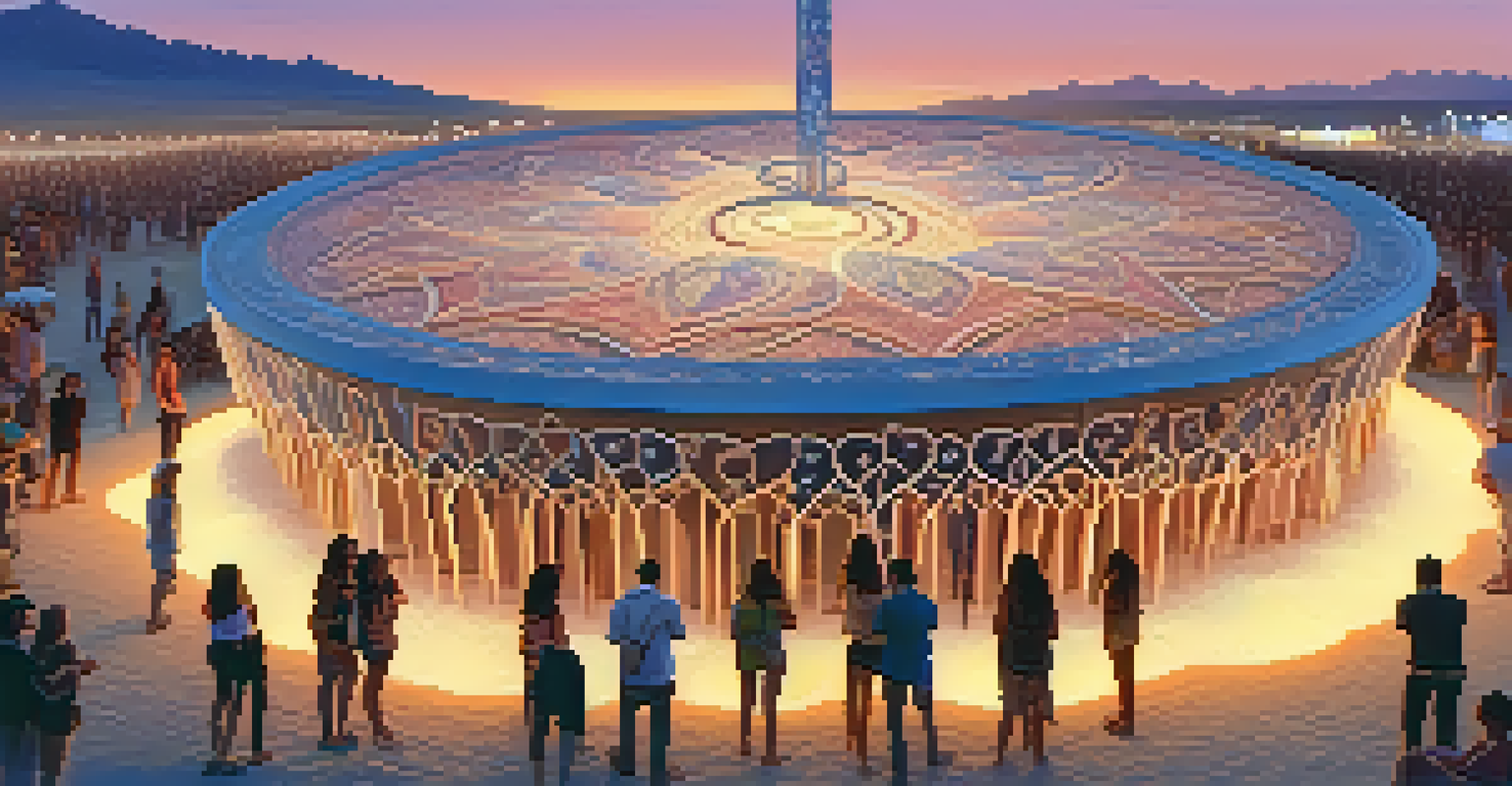 A detailed close-up of an interactive art installation at Burning Man, with participants exploring it, illuminated by warm, soft lights in the evening.