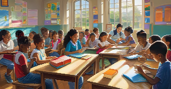 A lively classroom where diverse students collaborate on learning activities with a teacher, surrounded by bright educational materials.