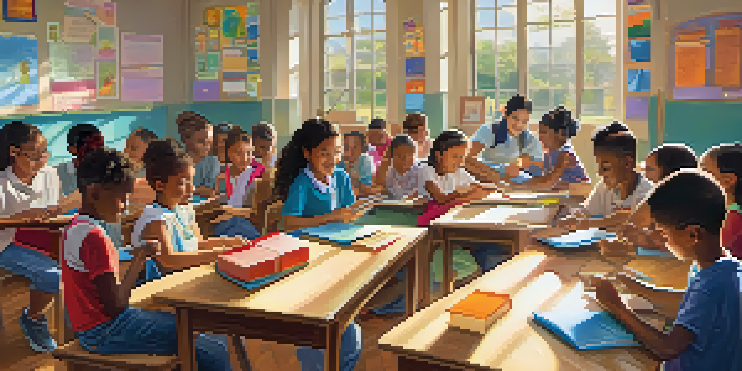 A lively classroom where diverse students collaborate on learning activities with a teacher, surrounded by bright educational materials.