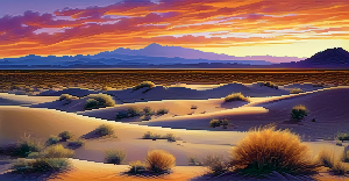 A panoramic view of the Mojave Desert at sunset with vibrant sky colors and sparse vegetation.