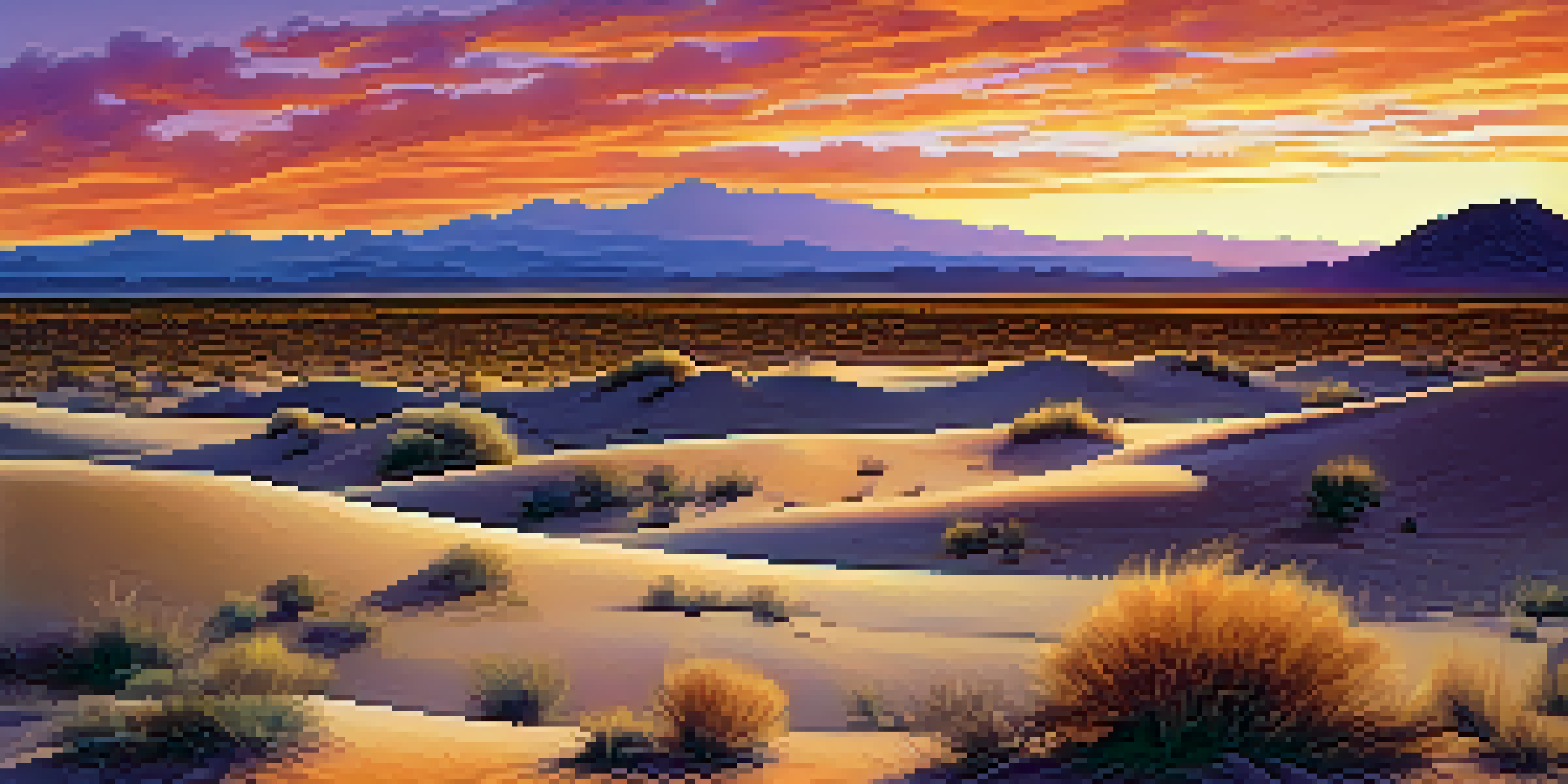 A panoramic view of the Mojave Desert at sunset with vibrant sky colors and sparse vegetation.