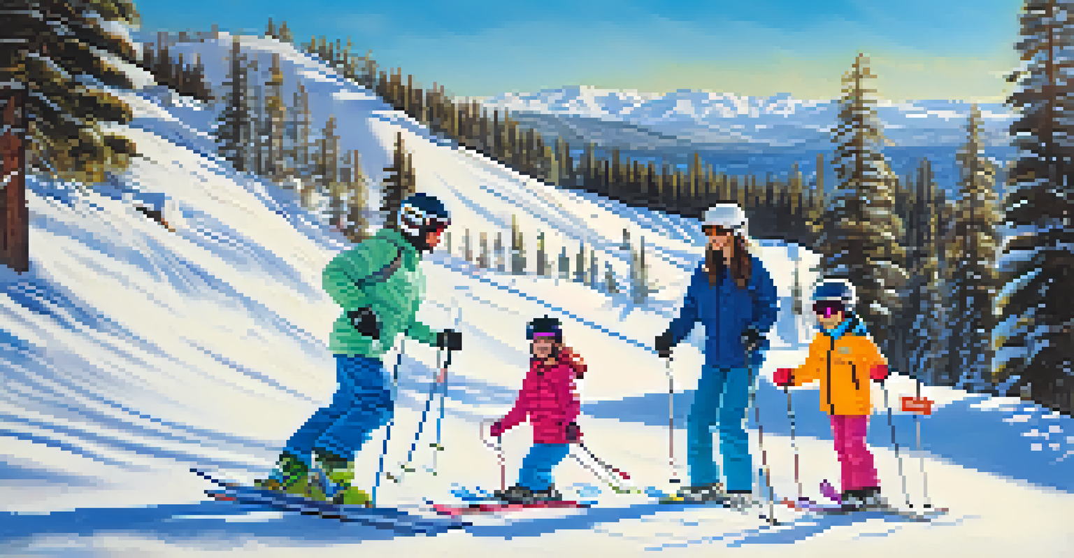 A family learning to ski at Northstar California Ski Resort on a gentle slope, with a charming village and trees in the background.