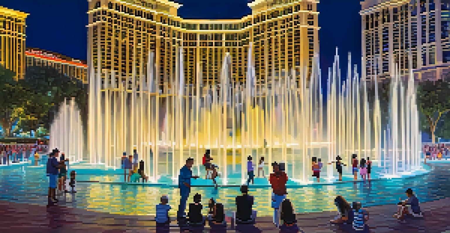 Families watching the colorful water show at the Bellagio Fountains in Las Vegas at night, surrounded by the bright lights of the Strip.