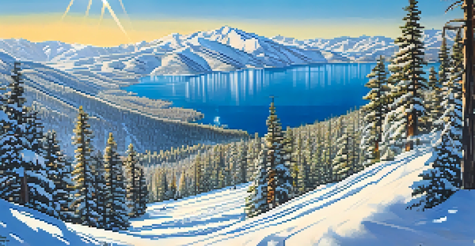 A panoramic view of Heavenly Ski Resort with Lake Tahoe in the background, featuring skiers on snow-covered slopes and pine trees.