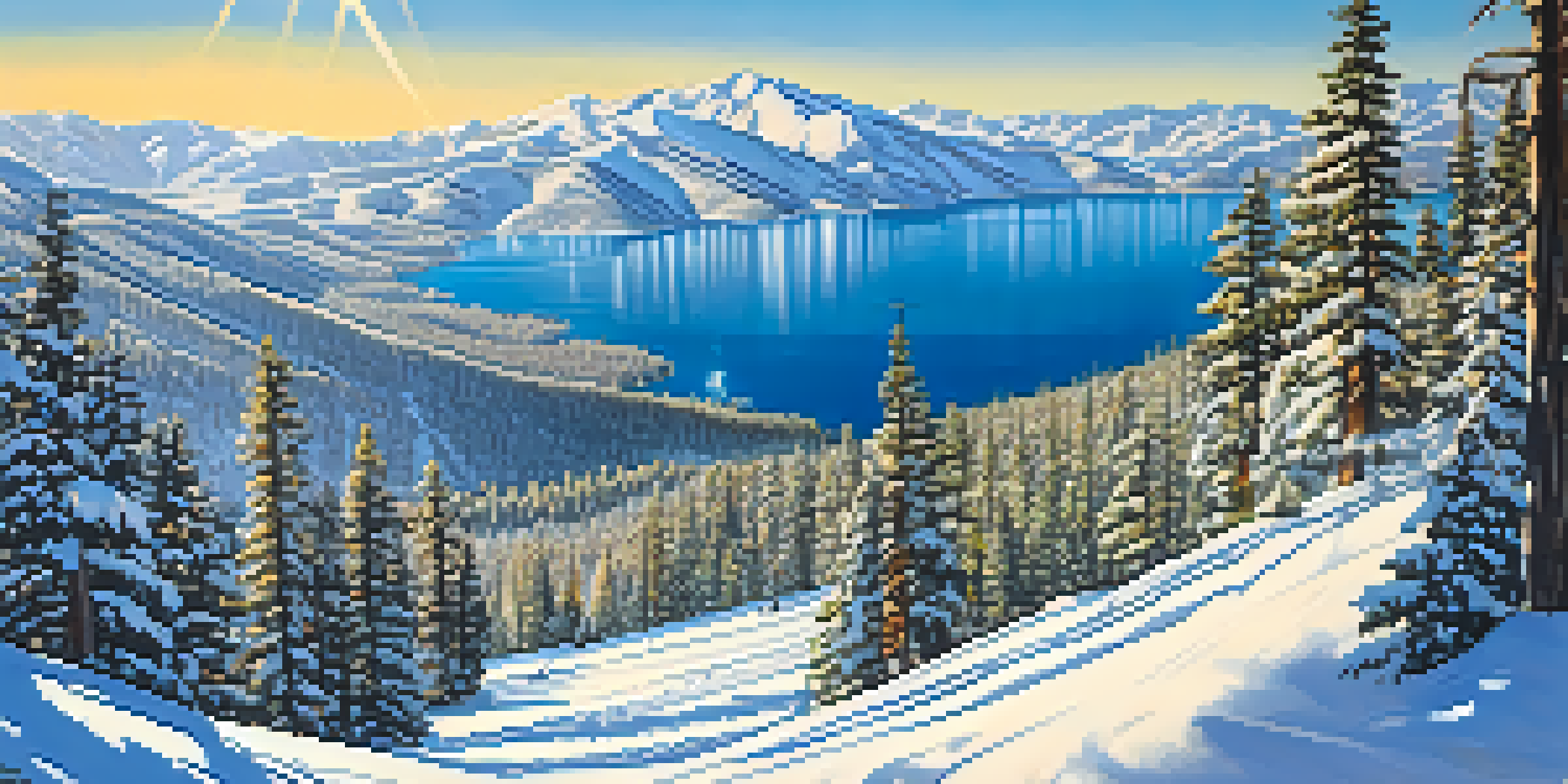 A panoramic view of Heavenly Ski Resort with Lake Tahoe in the background, featuring skiers on snow-covered slopes and pine trees.