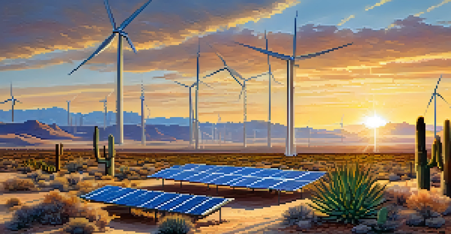 A Nevada desert landscape showcasing solar panels and wind turbines during sunset, with desert plants in the foreground.