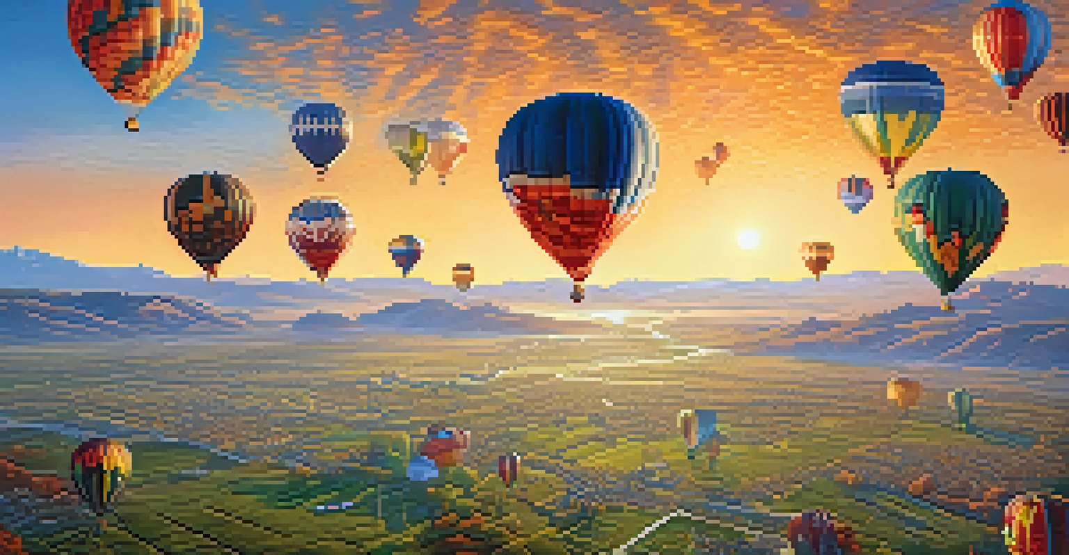 Aerial view of the Great Reno Balloon Race with colorful hot air balloons in the sky at sunrise, surrounded by green fields.