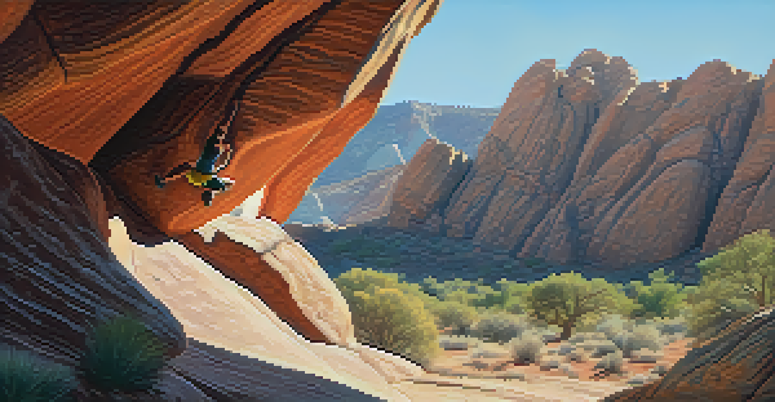 Close-up of a climber bouldering on unique rock formations in Red Rock Canyon, with vibrant desert flora in the background.