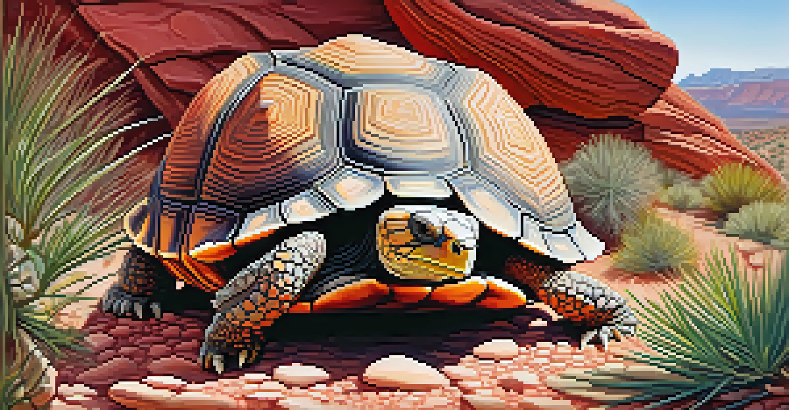 A close-up of a desert tortoise in Red Rock Canyon, surrounded by red rocks and desert plants, with sunlight emphasizing its textured shell.