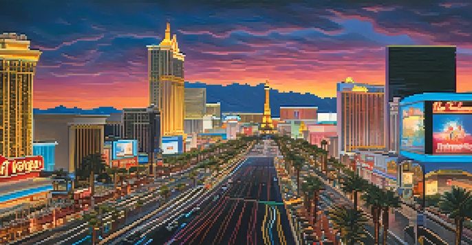 A vibrant sunset view of the Las Vegas Strip filled with bright neon lights and tourists walking, with palm trees lining the street.