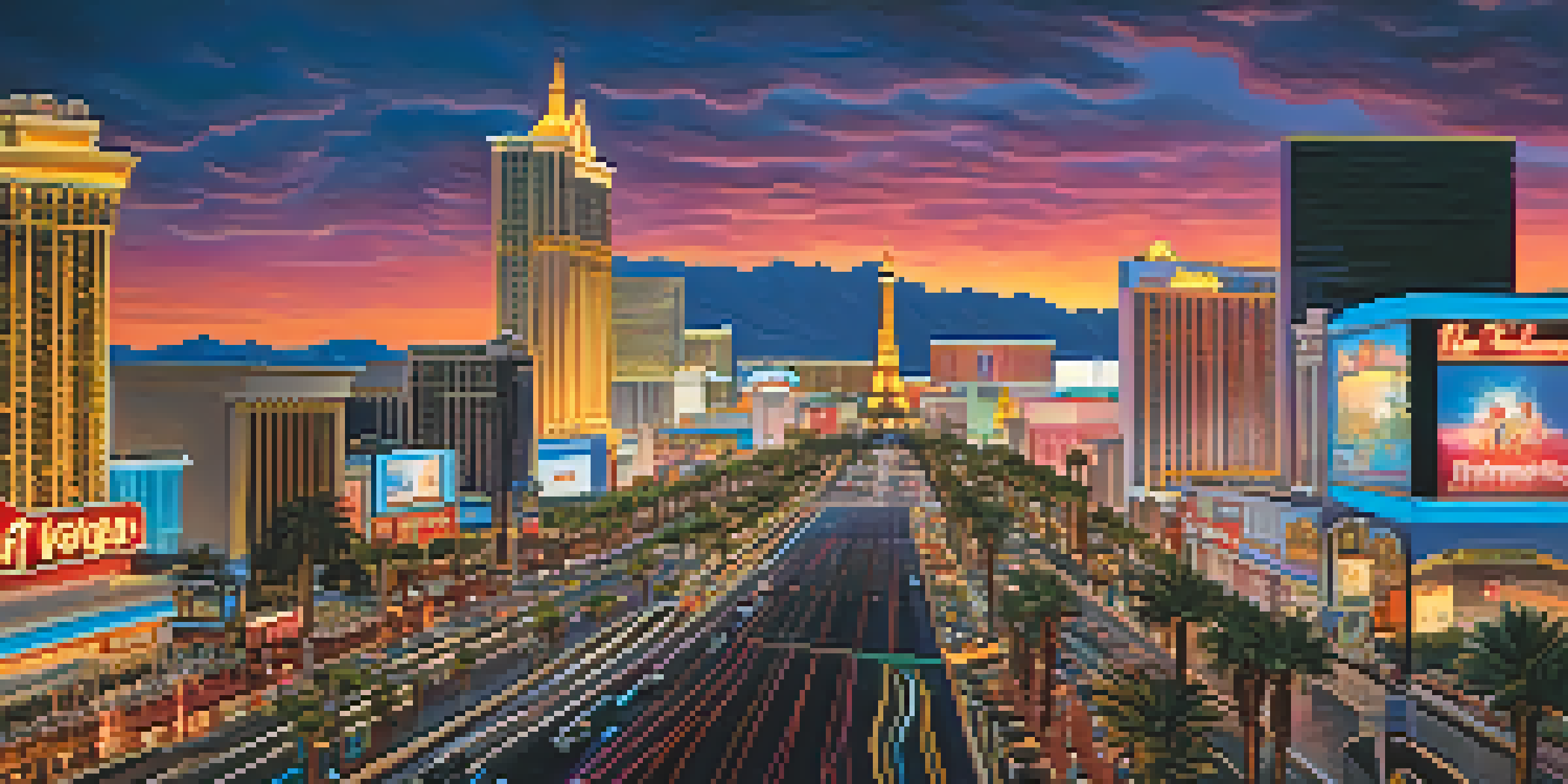A vibrant sunset view of the Las Vegas Strip filled with bright neon lights and tourists walking, with palm trees lining the street.