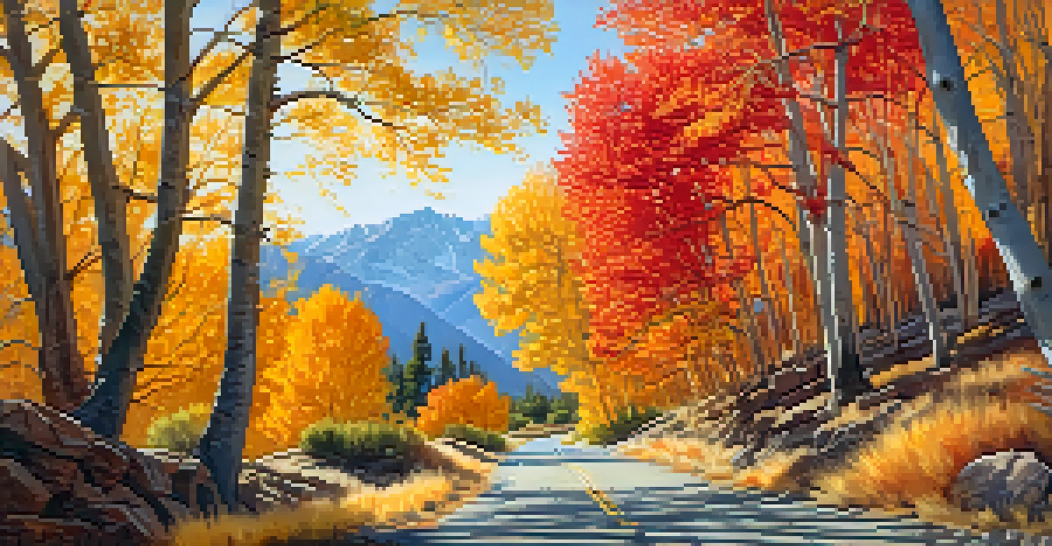 A picturesque autumn scene in the Eastern Sierra with colorful trees and a winding road under a clear blue sky.