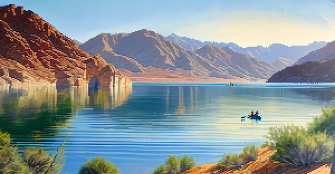 A calm Lake Mead with kayakers and mountains in the background on a sunny day.