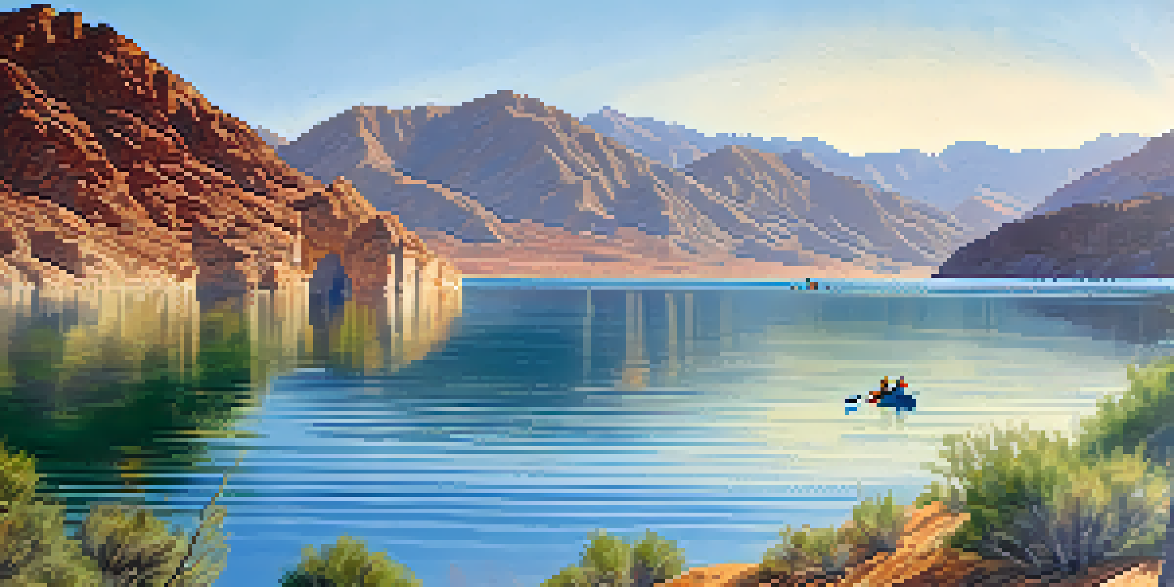 A calm Lake Mead with kayakers and mountains in the background on a sunny day.