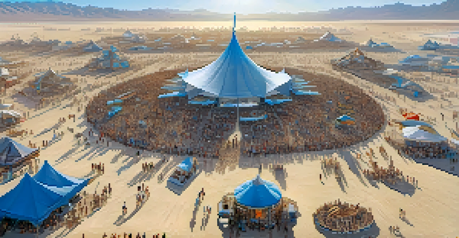 An aerial perspective of the Burning Man temporary city filled with unique art installations, camps, and people enjoying the event under a bright sky.