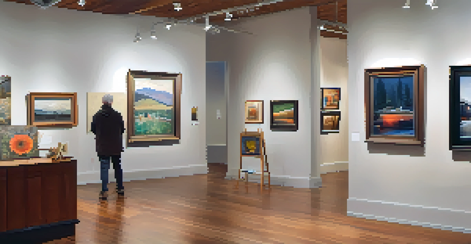 An inviting interior of a small art gallery in Reno, featuring contemporary artworks and engaged visitors.