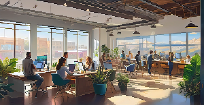 A vibrant coworking space in Nevada with diverse individuals working on laptops, illuminated by sunlight and featuring modern decor.