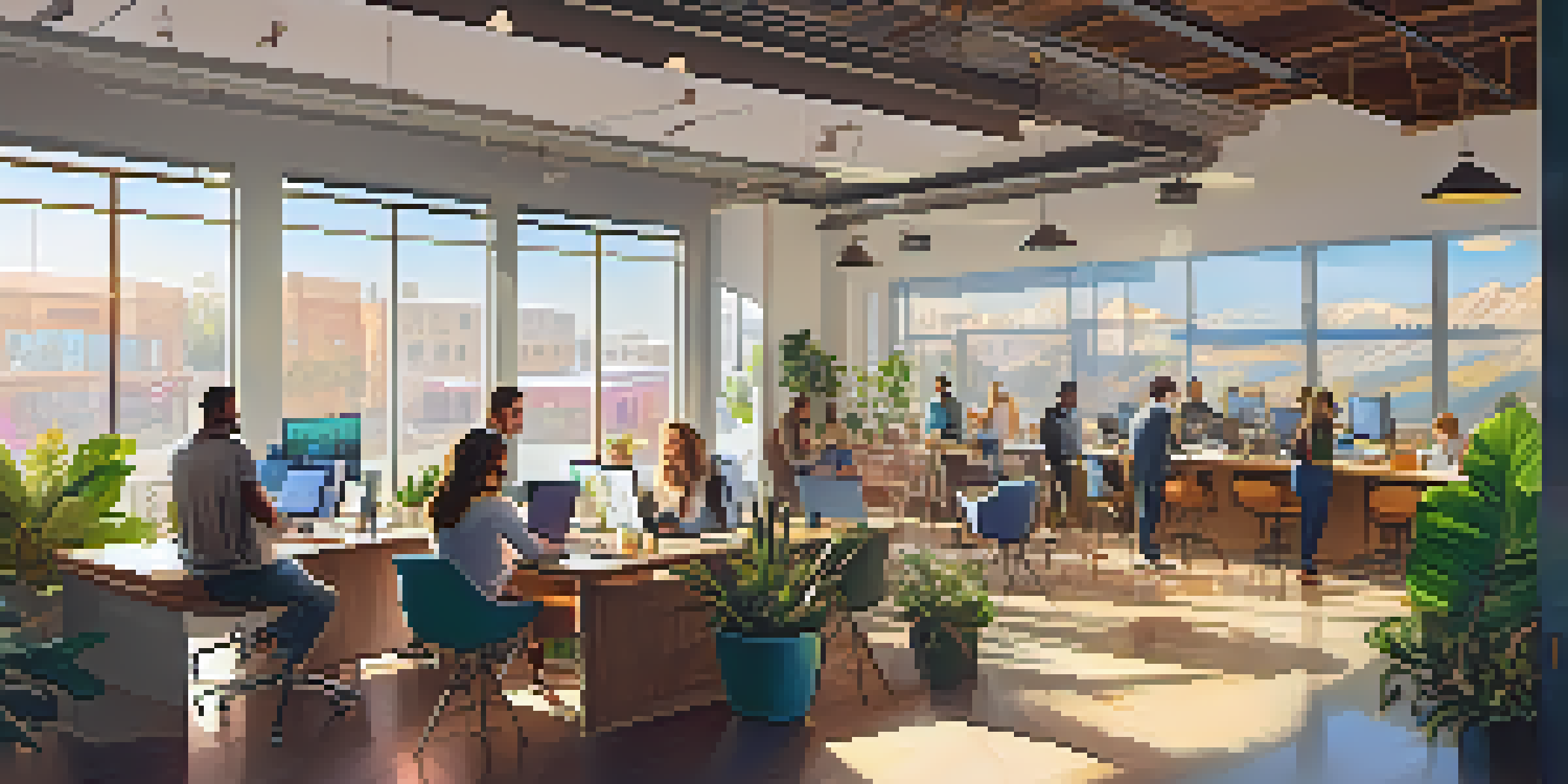 A vibrant coworking space in Nevada with diverse individuals working on laptops, illuminated by sunlight and featuring modern decor.