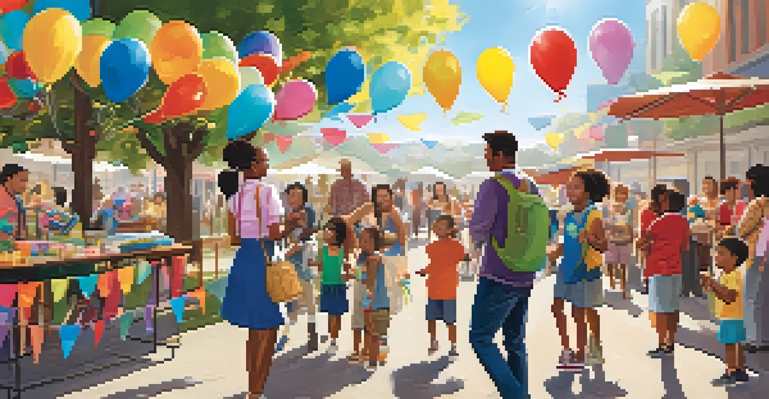 Parents and children participating in a vibrant outdoor school event with educational booths and a festive atmosphere.