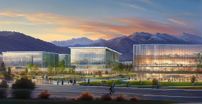 A scenic view of a modern technology hub in Nevada during sunset, with glass buildings and green spaces.