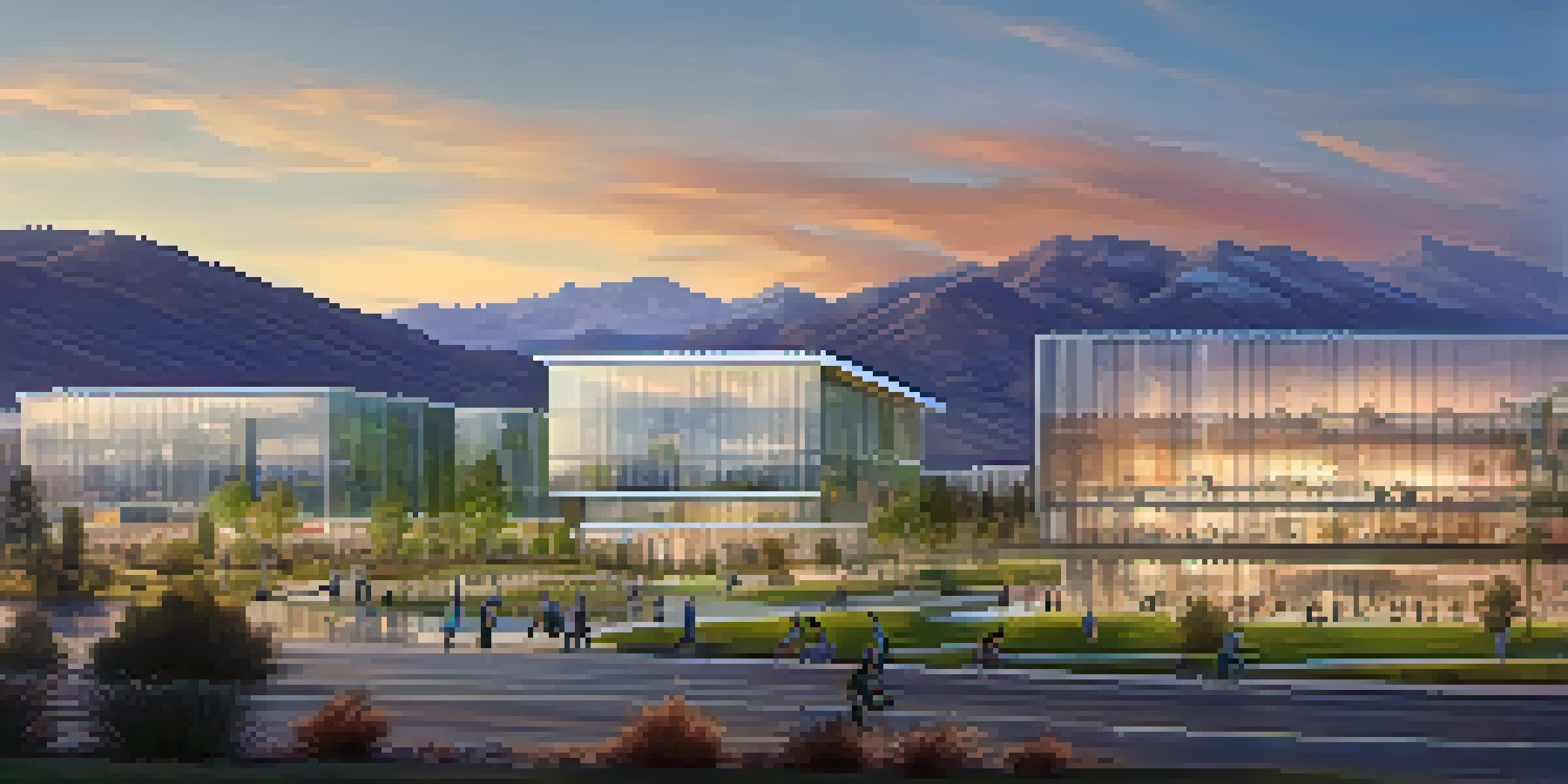 A scenic view of a modern technology hub in Nevada during sunset, with glass buildings and green spaces.
