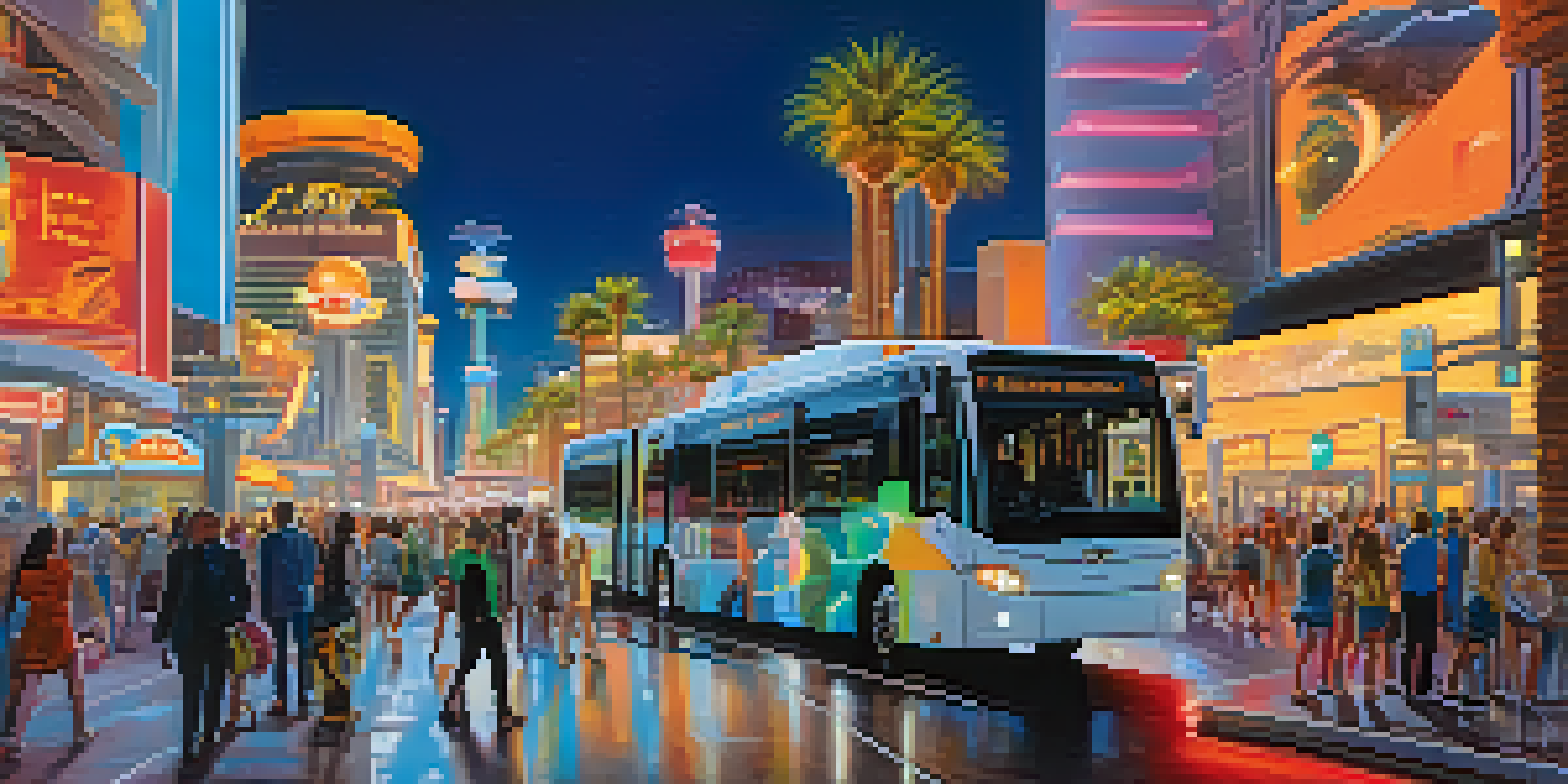 A lively street scene in Las Vegas featuring autonomous buses and smart traffic lights, with tourists and residents enjoying the atmosphere under a clear blue sky.