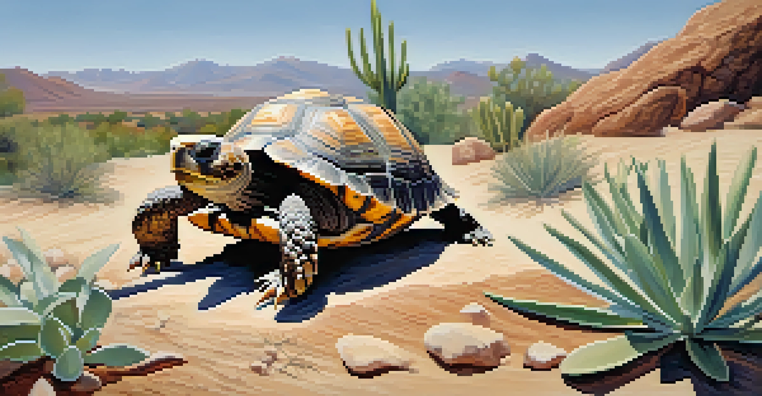 A close-up of a desert tortoise in its natural rocky habitat, with sunlight casting shadows on the ground.