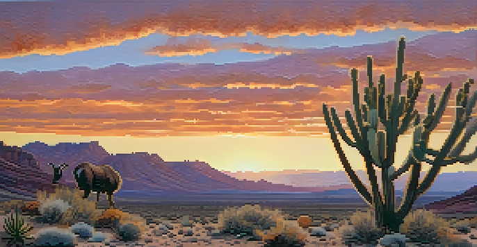 A desert landscape in Nevada during sunset, featuring native plants and bighorn sheep near a water source.